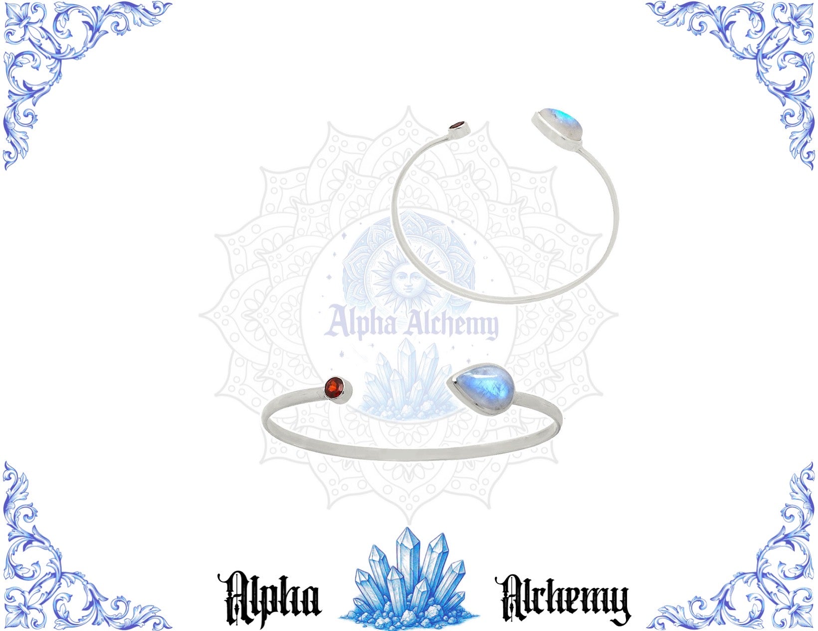 Premium Quality Rainbow Moonstone, Garnet Crystal Cuff Bangle Bracelet