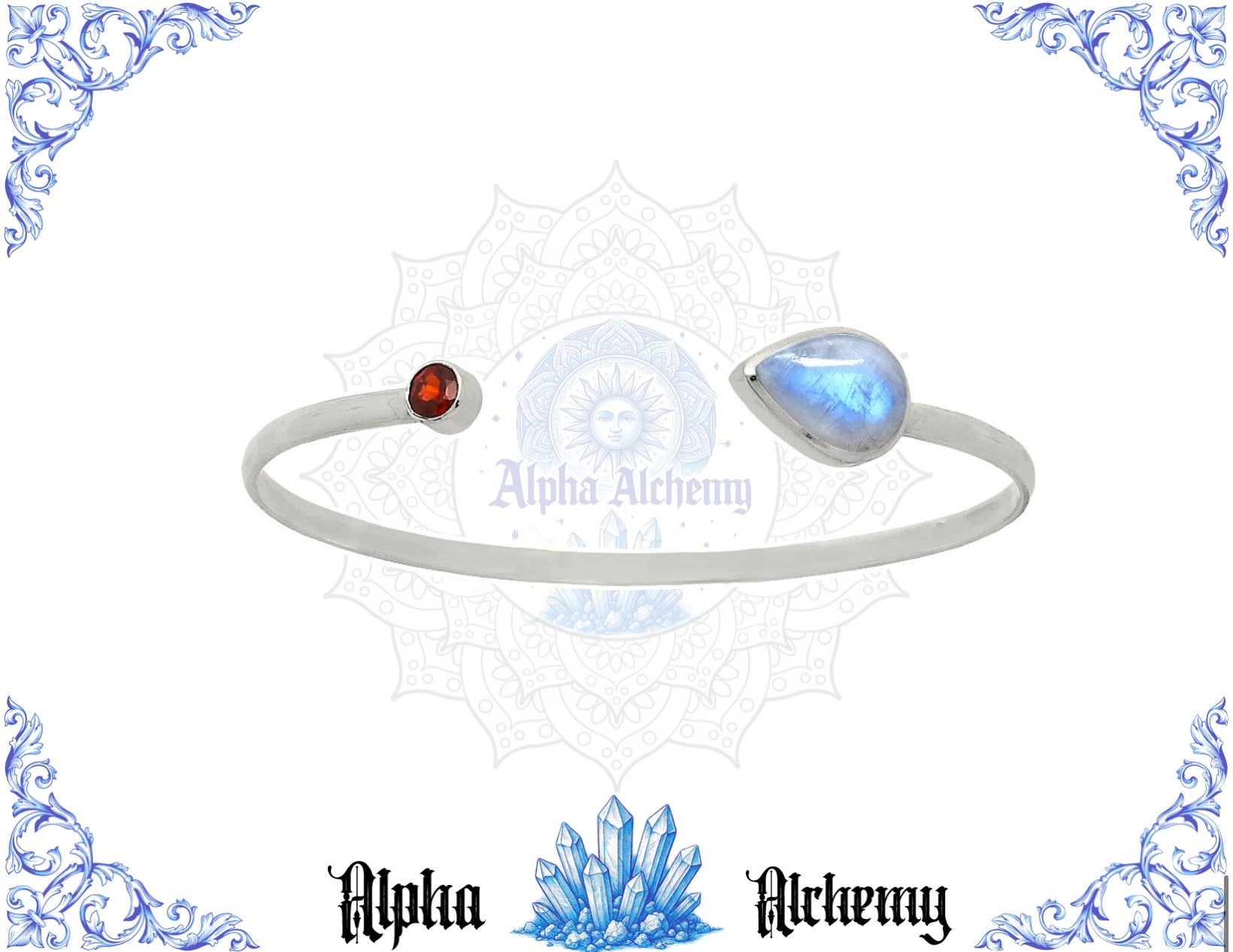 Premium Quality Rainbow Moonstone, Garnet Crystal Cuff Bangle Bracelet