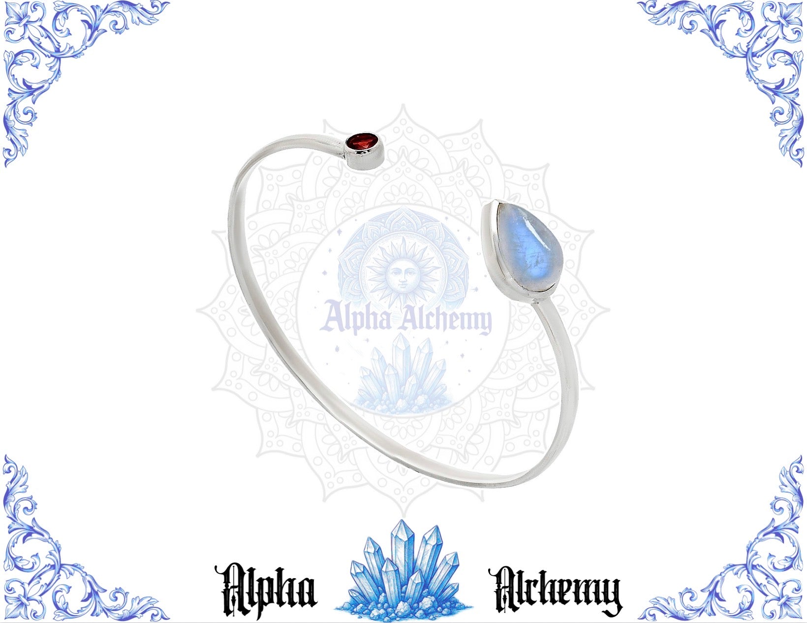 Premium Quality Rainbow Moonstone, Garnet Crystal Cuff Bangle Bracelet